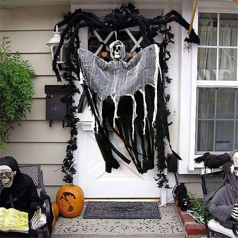 Hanging Halloween Skull & Web Decoration — Indoor/Outdoor Prop