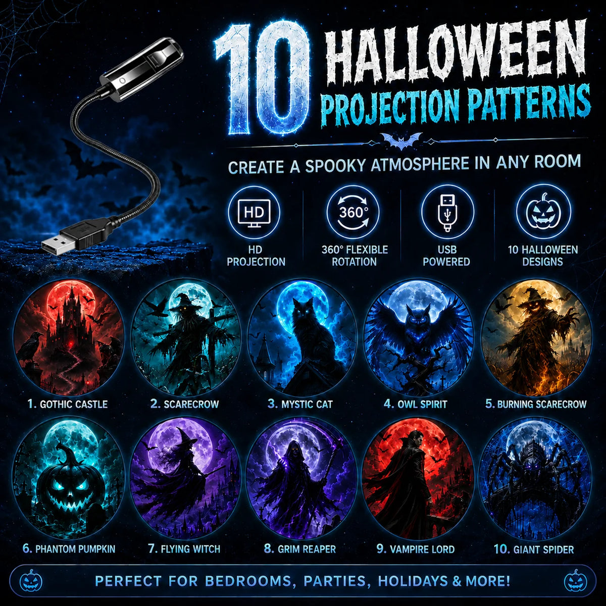 Halloween Projector Night Light — 10 Spooky Patterns, USB Powered