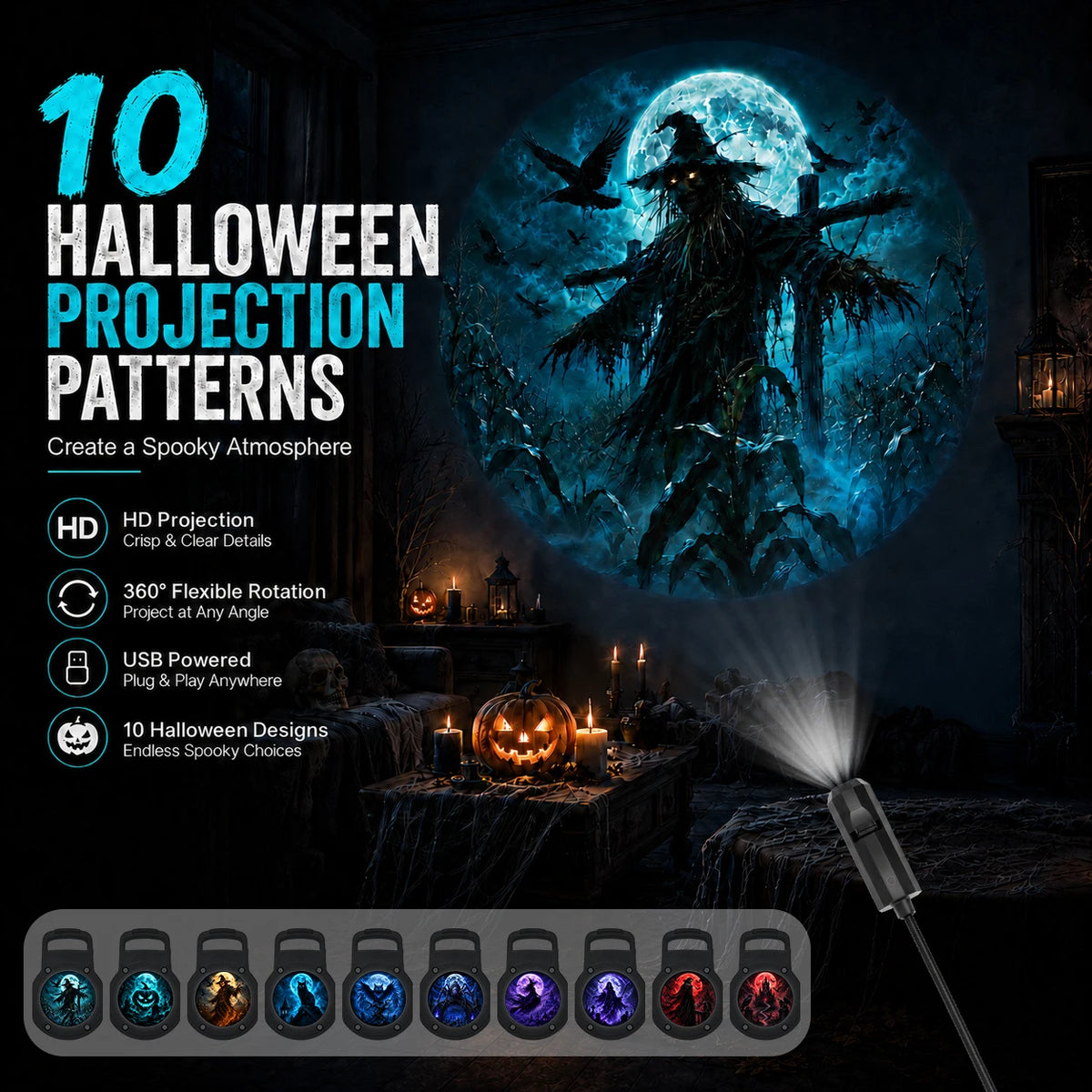 Halloween Projector Night Light — 10 Spooky Patterns, USB Powered