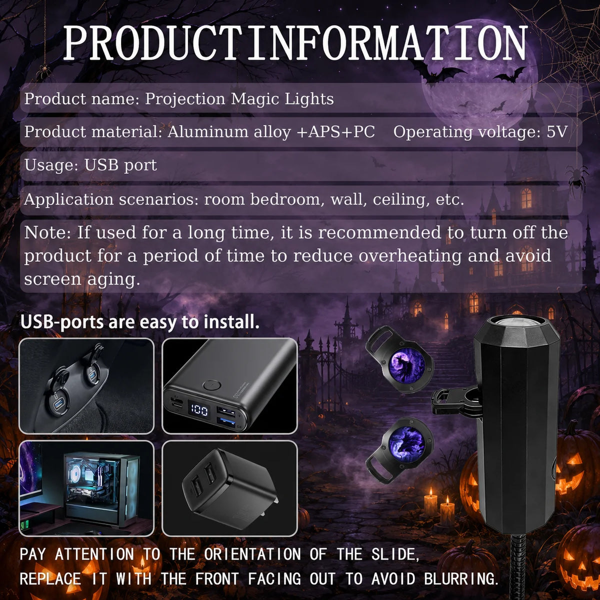 Halloween Projector Night Light — 10 Spooky Patterns, USB Powered