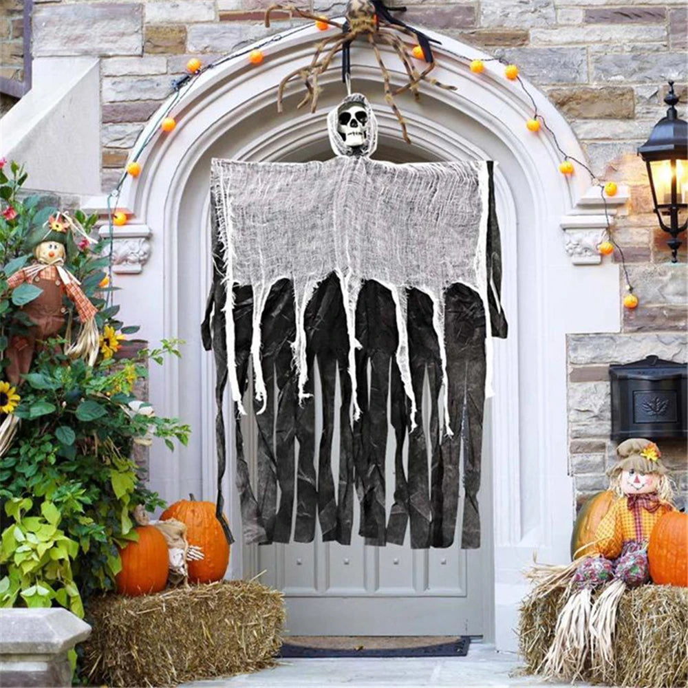 Hanging Halloween Skull & Web Decoration — Indoor/Outdoor Prop