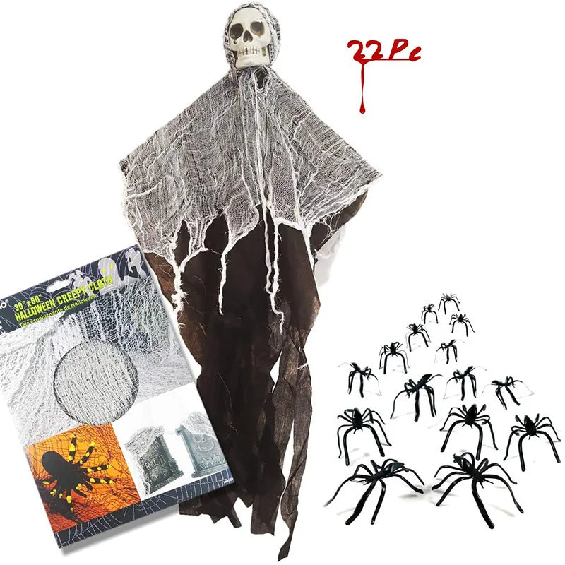 Hanging Halloween Skull & Web Decoration — Indoor/Outdoor Prop