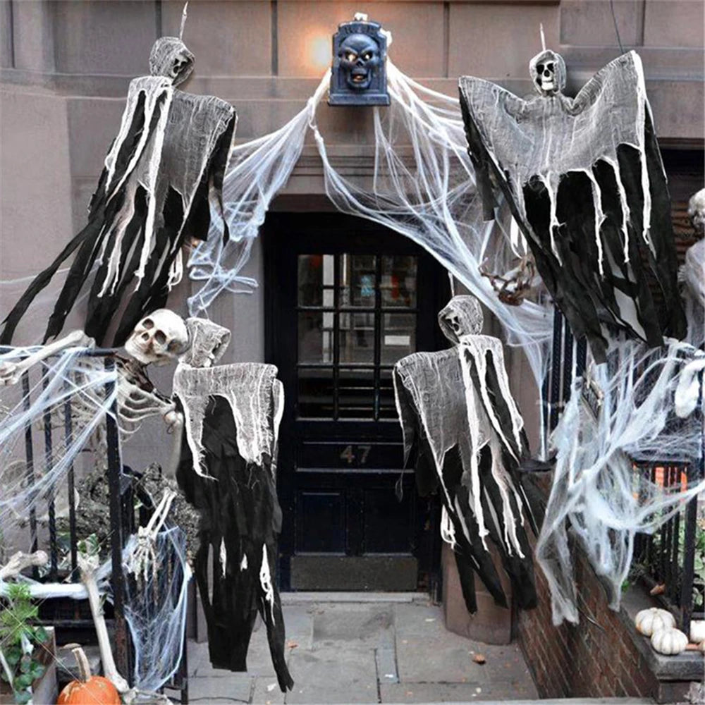 Hanging Halloween Skull & Web Decoration — Indoor/Outdoor Prop