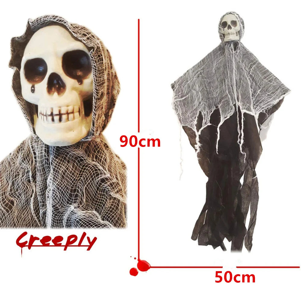 Hanging Halloween skull and spider web decoration